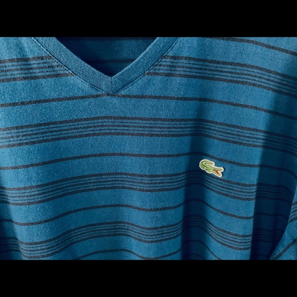 Lacoste dark blue cotton striped V neck men’s tshirt logo short sleeves size 8 - Picture 2 of 5